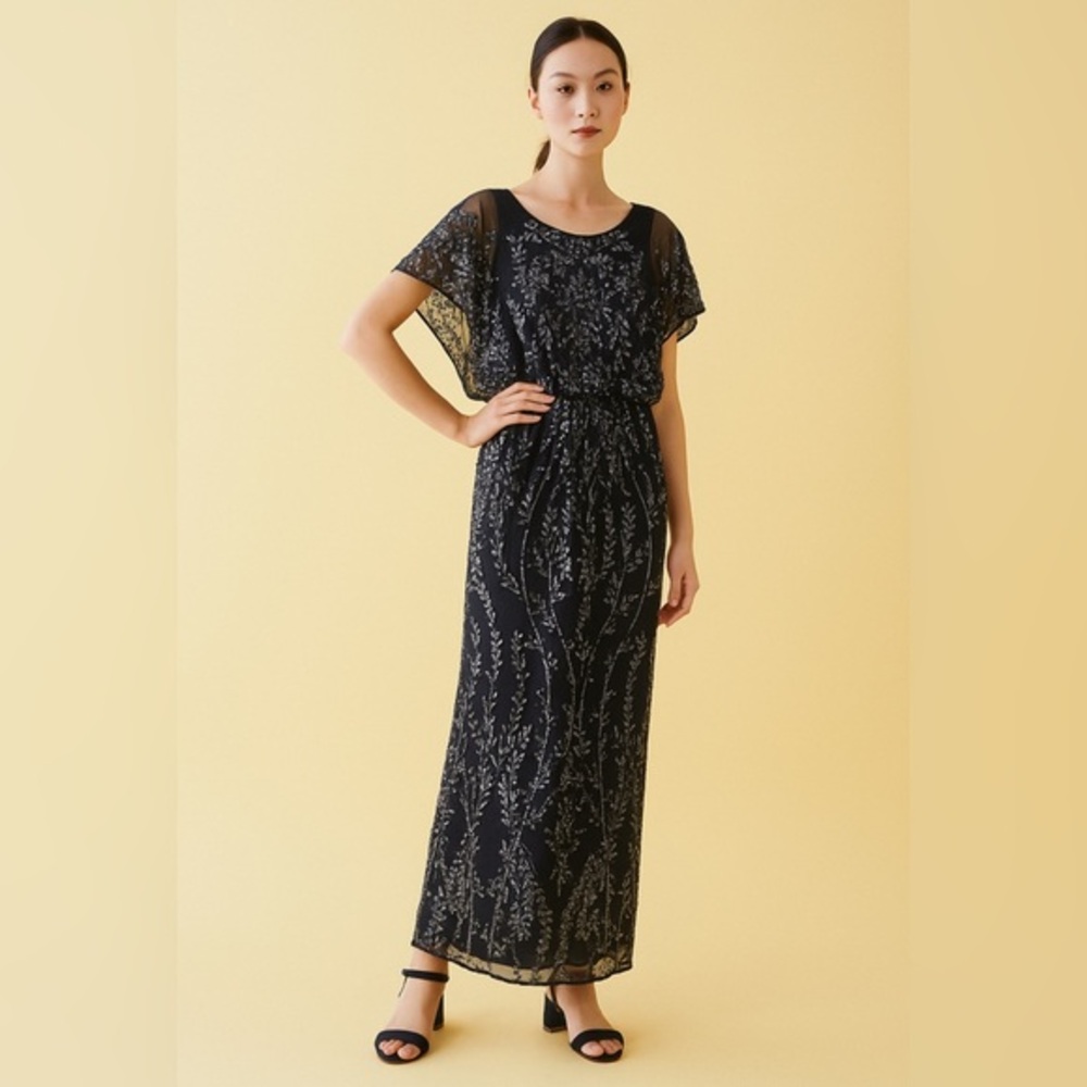 NWOT Alex Evenings Women's Long Blouson Dress with Ruffled Sleeves size 4
